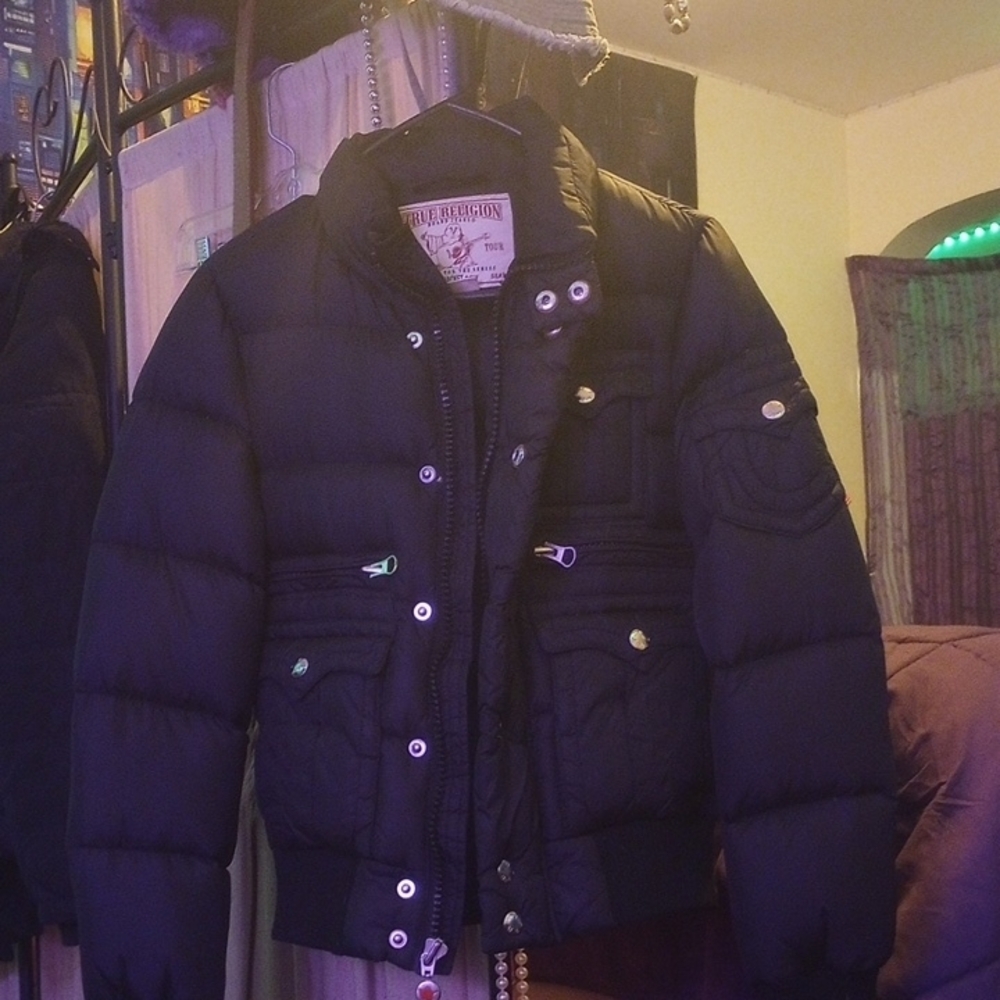 True Religion Black Puffer Jacket with Quilted Design